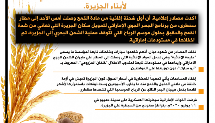 كشفت مصادر محلية، قيام المندوب الإماراتي في أرخبيل سقطرى، بإخفاء ومصادرة شحنةالقمح الإغاثية التي وصلت لأبناء الجزيرة.